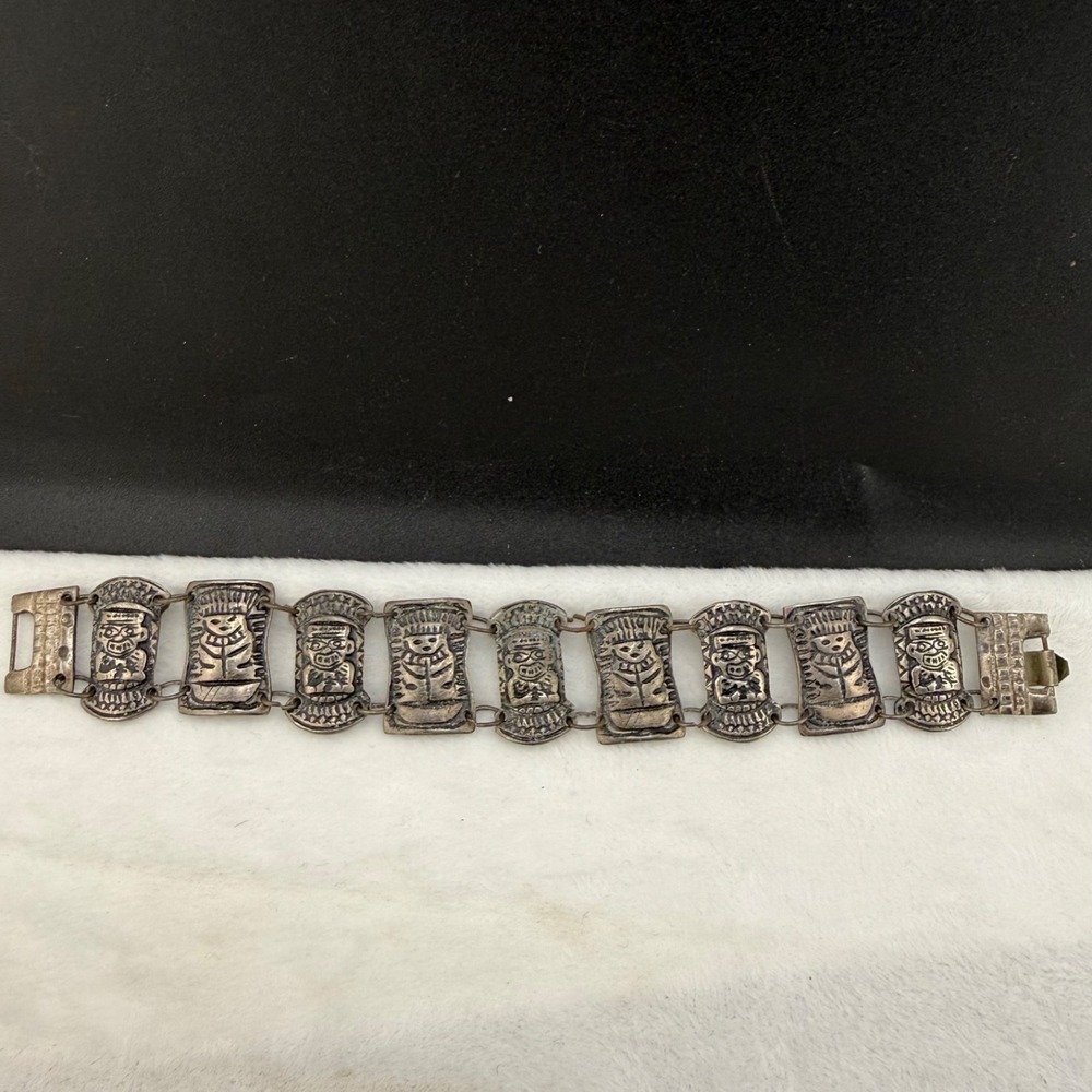 Vintage Tribal Tiki Bracelet‎ Peruvian Silver Tone 7.5"
